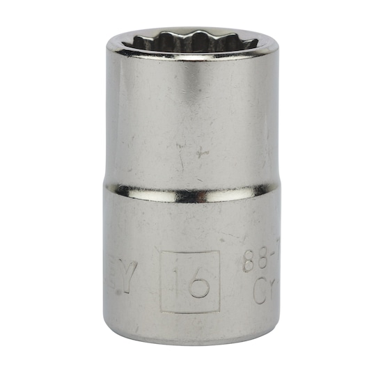 STANLEY 1-88-788 chrome socket, 16mm size, cylindrical shape, front angle on white background.