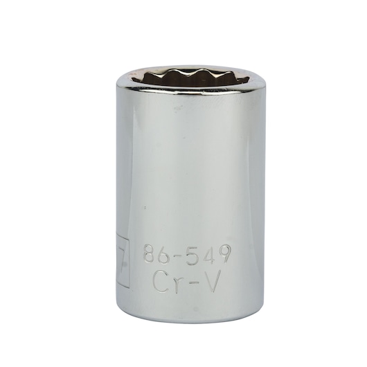 Chrome Stanley socket with 12-point opening and engraved markings, used for tightening nuts and bolts.