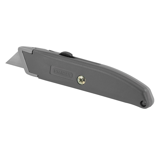 STANLEY 10-175 utility knife, gray metal body, exposed blade, left-side product angle on white background.