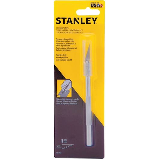STANLEY #1 hobby knife with lightweight aluminum handle, blade attached, in yellow retail packaging, front view.