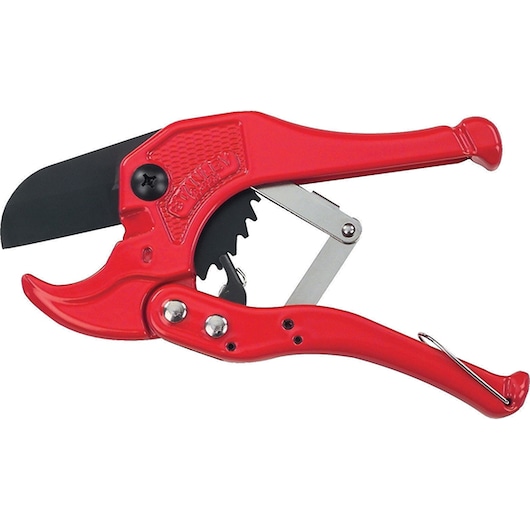 STANLEY 14-442 red ratcheting PVC pipe cutter with steel blade, side view, on white background.