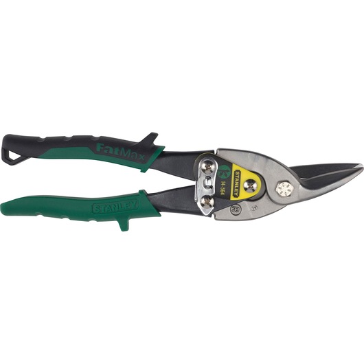 STANLEY 14-564 aviation snip with green and black handles, photographed from the side on white background.