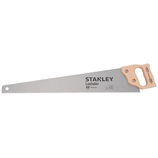 Stanley 15-472 hand saw with wooden handle and 22-inch steel blade, side angle on white background.