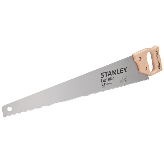 STANLEY 15-472 hand saw, 22-inch steel blade with wooden handle, side angle, photography.