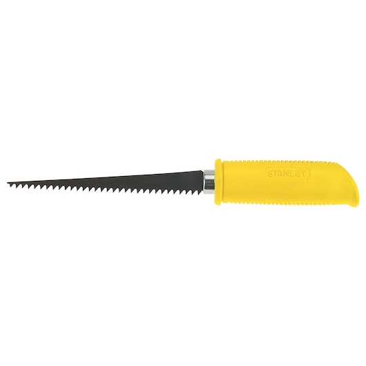 STANLEY 15-556 jab saw with yellow handle, black pointed blade, photography, side view on white background.