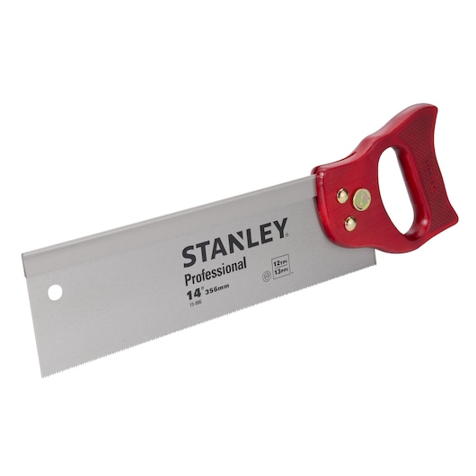 Photo of STANLEY 15-886 professional backsaw with red handle, 14 inch steel blade, front angle on white background.