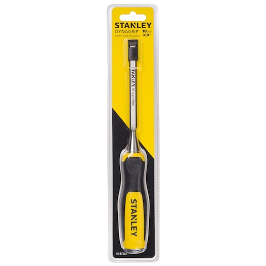 Stanley 16-872LA wood chisel, Dynagrip handle, yellow and black, front angle, packaged.