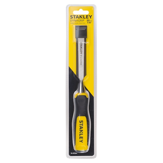Stanley 16-879LA wood chisel with yellow and black Dynagrip handle, front view on white background.