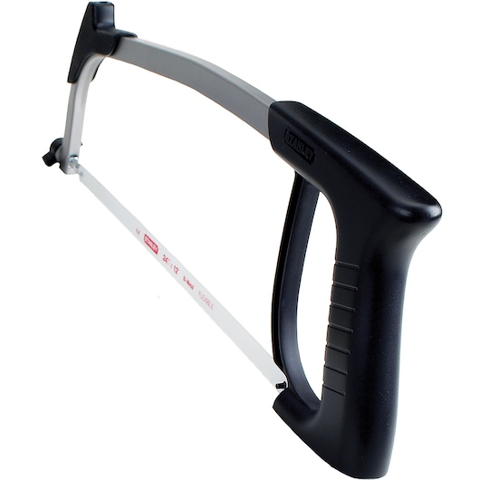 STANLEY 20-064 hacksaw with black ergonomic handle, side angle on white background.