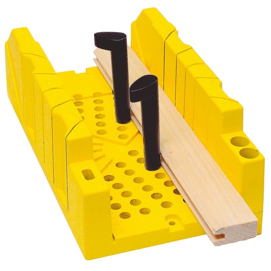 Stanley 20-112 yellow miter box with black pegs and wooden board, front angle photography.
