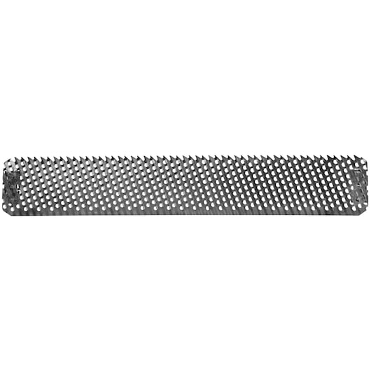 Stanley flat rasp blade with sharp metal teeth and perforated pattern, front angle on white background