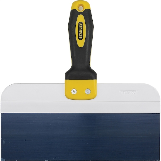 Stanley 28-036S drywall taping knife with black and yellow handle, front angle on white background.
