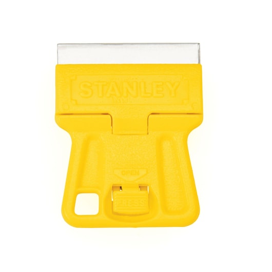 STANLEY yellow plastic razor scraper with exposed metal blade, front angle, on white background