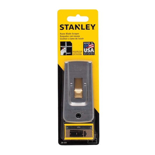 Stanley 28-500 razor blade scraper in retail packaging, front angle, silver tool with yellow branding.