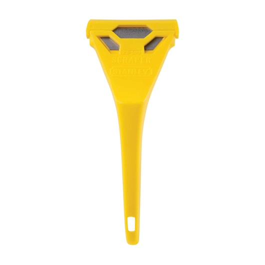 Front view of STANLEY yellow plastic scraper with metal blade, isolated on white background