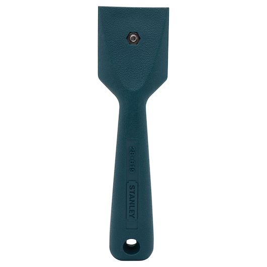 Front view of a STANLEY plastic scraper with textured green handle, single screw, and hanging hole on white background.
