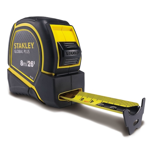 Photo of STANLEY 30-626 tape measure, black and yellow, extended blade, angled on white background.