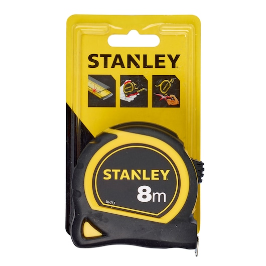 STANLEY 30-757 tape measure, 8 meters, black and yellow case, front packaging, hand tool category.