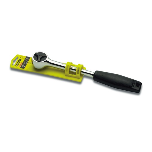 STANLEY 4-86-397 ratchet wrench with black handle on yellow packaging, side angle, photography.