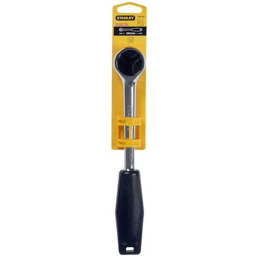STANLEY 4-86-397 ratchet wrench with black handle, yellow packaging, front view.