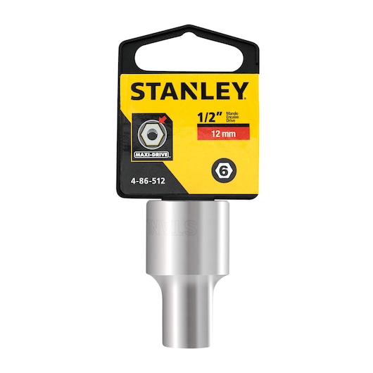 STANLEY 4-86-512 12mm socket, silver finish, 1/2-inch drive, packaging front view, hand tool accessory.