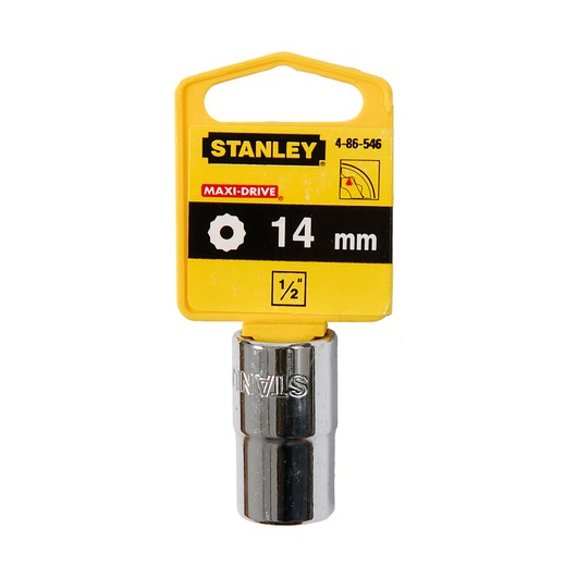 Photo of STANLEY 4-86-546 chrome 14mm socket with yellow MAXI-DRIVE packaging, front view, on white background.