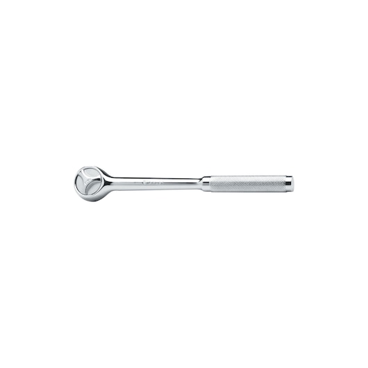 STANLEY 4-86-715 chrome ratchet wrench, hand tool, side angle on white background.