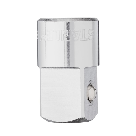 STANLEY 4-88-558 chrome socket adapter, close-up view on white background, for hand tools.