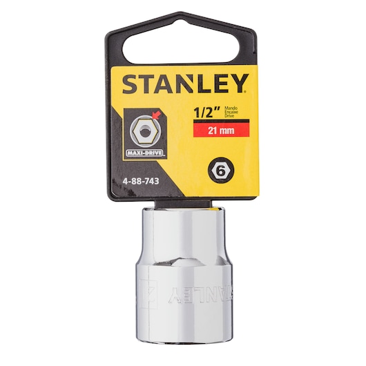 STANLEY 4-88-743 chrome 21 mm socket, 1/2 inch drive, photographed on a white background, product in packaging.