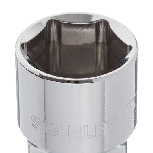 STANLEY 4-88-748 chrome socket, close-up angle, showing six-point interior and engraved branding.