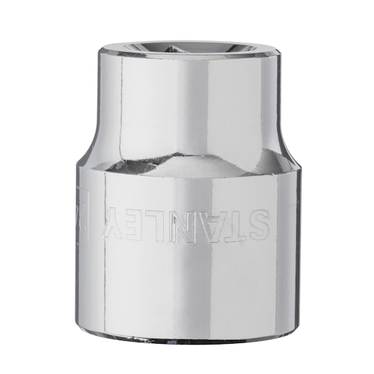 STANLEY 4-88-796 chrome socket, side angle, polished finish, clear brand engraving, isolated on white.