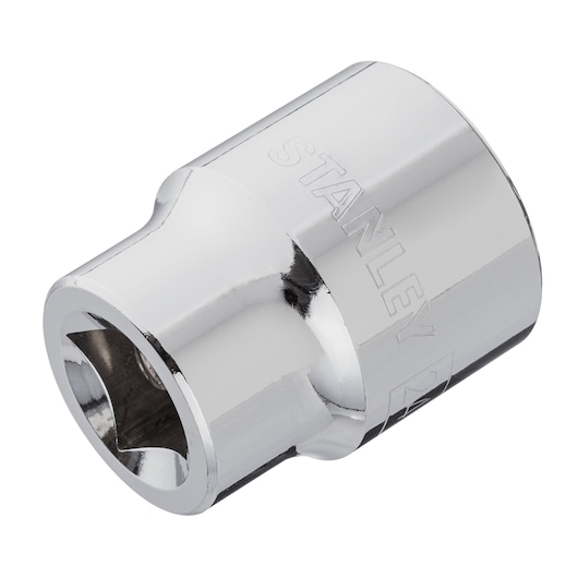 STANLEY 4-88-796 chrome socket, close-up angle, showing engraved brand on shiny silver surface.