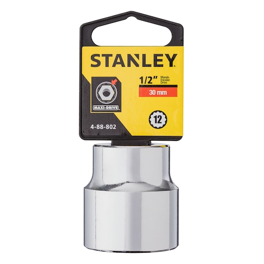 Stanley 4-88-802 1/2 inch drive 30mm chrome socket, front angle, on white background.