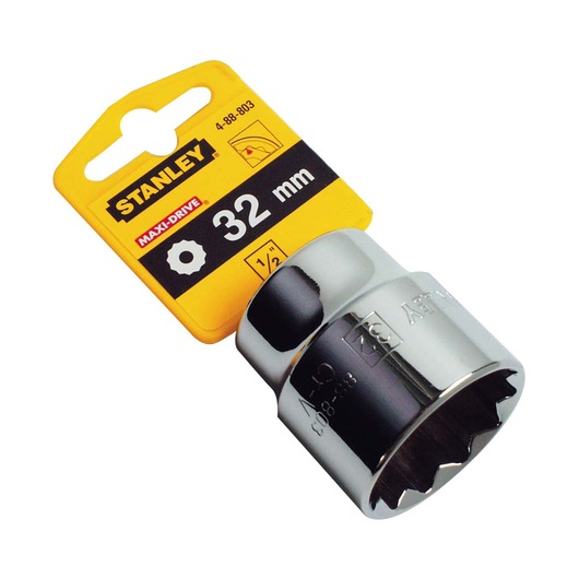 Photo of STANLEY 4-88-803 32mm chrome socket, product tag attached, shown at angled front view on white background.