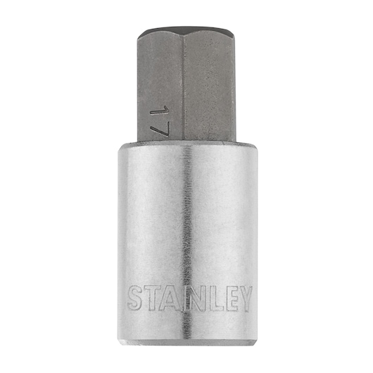 STANLEY 4-89-193 hex bit socket, silver and gray, photography of front view on white background.