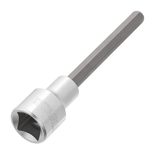 STANLEY 4-89-202 hex bit socket, silver steel, side angle on white background.