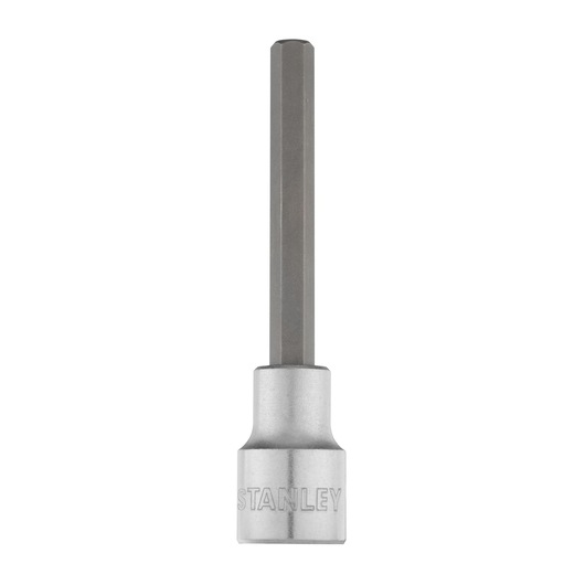 STANLEY 4-89-203 hex bit socket, silver and gray, photography of front view on white background.