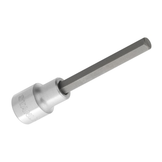 STANLEY 4-89-203 hex bit socket, silver steel body with long hexagonal shaft, angled product photo.