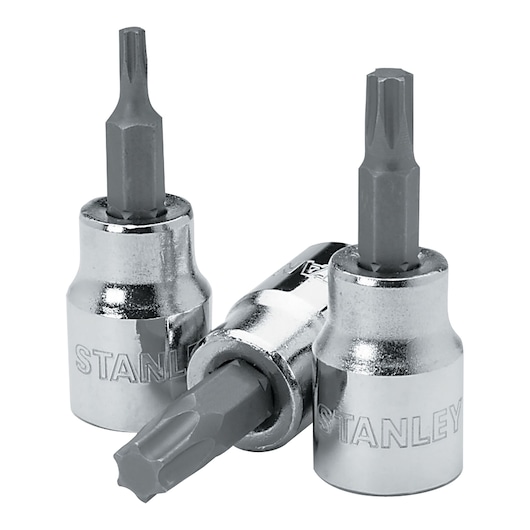 1/2" Drive - T-55 Bit Socket, model: 4-89-232, STANLEY, white background, 3 sockets front view.