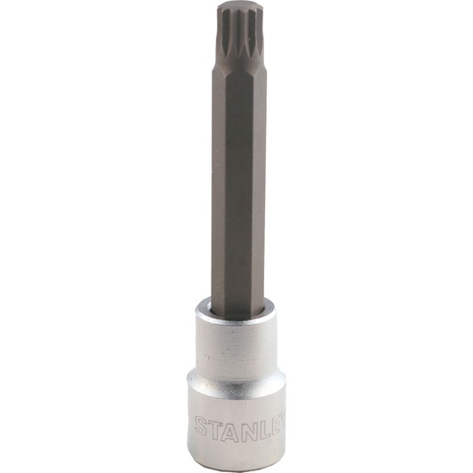 STANLEY 4-92-539 spline bit socket, steel, silver and dark gray, front angle, on white background.