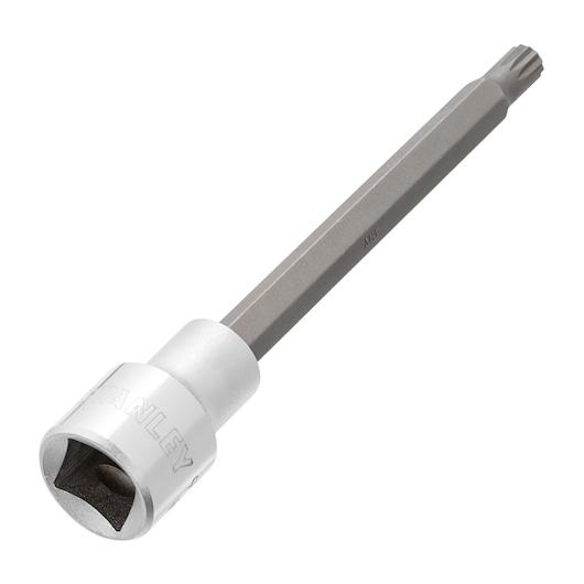 STANLEY 4-92-539 long silver and gray spline bit socket, product photography, angled on white background.