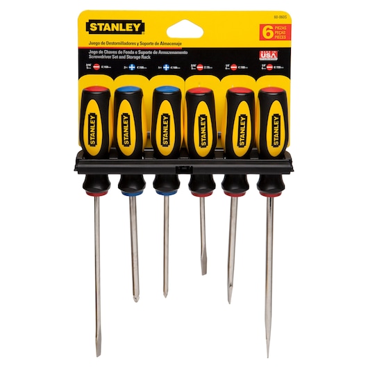 Photo of STANLEY 60-060S screwdriver set with six screwdrivers in black and yellow handles, displayed in storage rack, front angle.