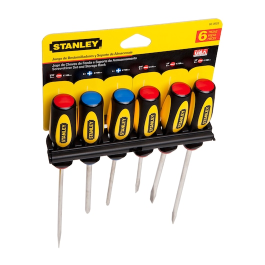 STANLEY 60-060S screwdriver set with six black and yellow screwdrivers in storage rack, angled top view.