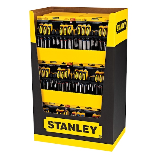 STANLEY 60-100S screwdriver set display, front angle, with multiple yellow and black screwdriver packs in a cardboard stand.