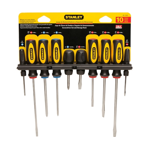 STANLEY 60-100S screwdriver set with ten yellow and black screwdrivers in storage rack, front angle on white background.