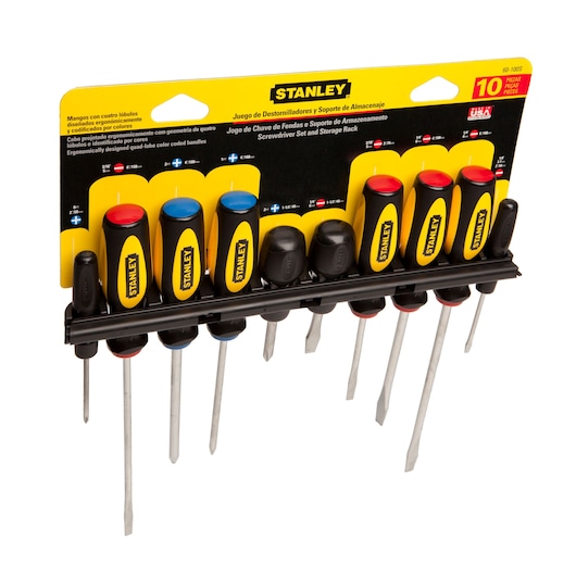 STANLEY 60-100S screwdriver set with 10 pieces, ergonomic handles, and storage rack, front angle on white background.