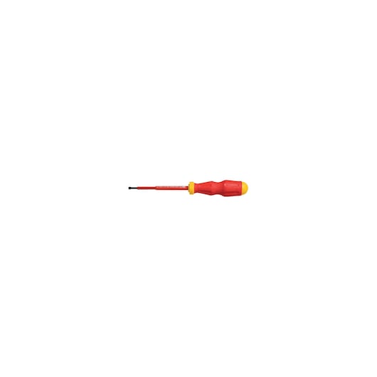 Photo of STANLEY 65-967 insulated flathead screwdriver with red and yellow handle, side view on white background.