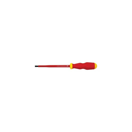 STANLEY 65-970 insulated flathead screwdriver with red and yellow handle, side view on white background.