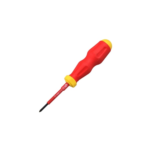 STANLEY 65-972 insulated screwdriver with red and yellow handle, side angle, white background.