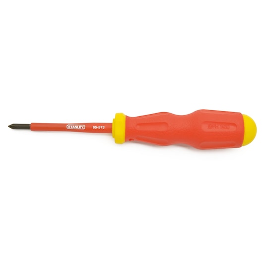 STANLEY 65-973 insulated Phillips screwdriver with red and yellow handle, side view on white background.